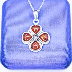 925 Sterling Silver Baltic Amber Flower Floral Vintage Pendant Necklace